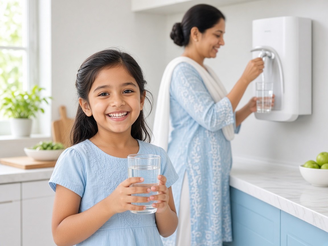 Mother and daughter drinking purified water at home
