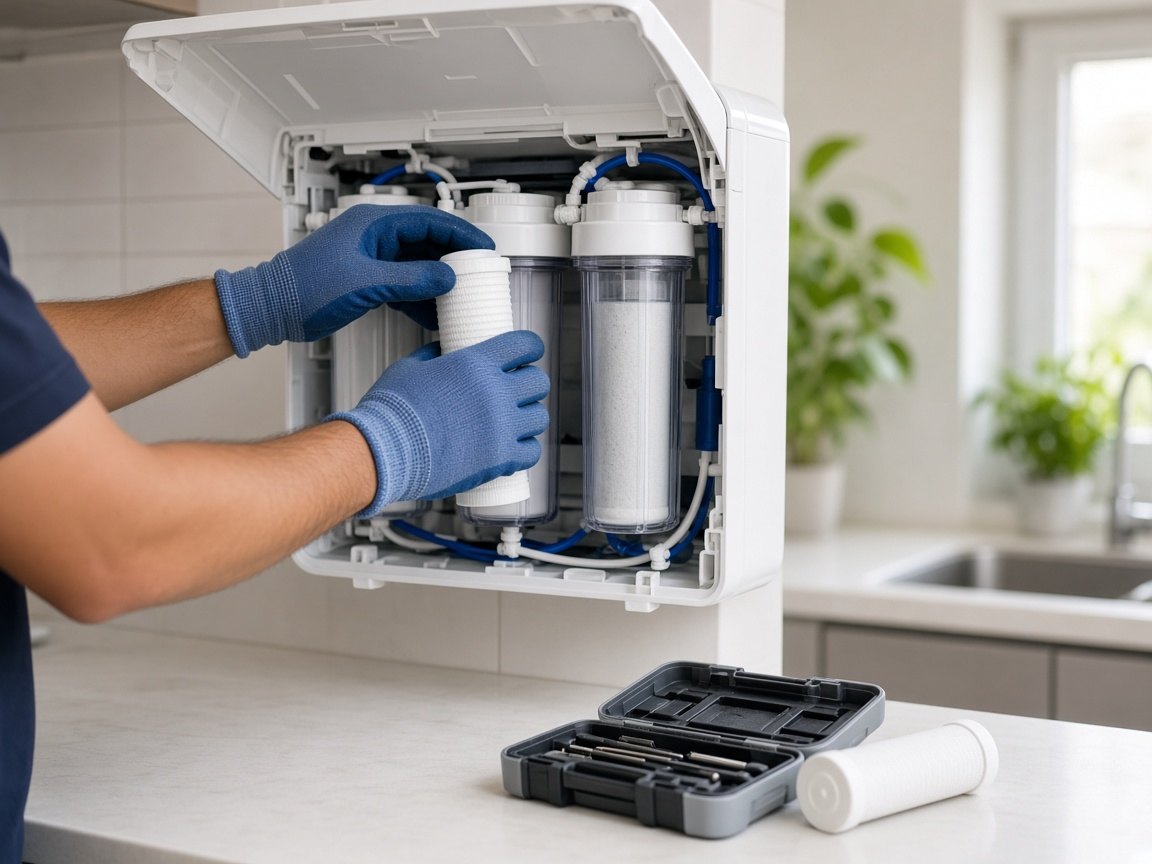 Technician replacing a filter cartridge in a domestic RO purifier